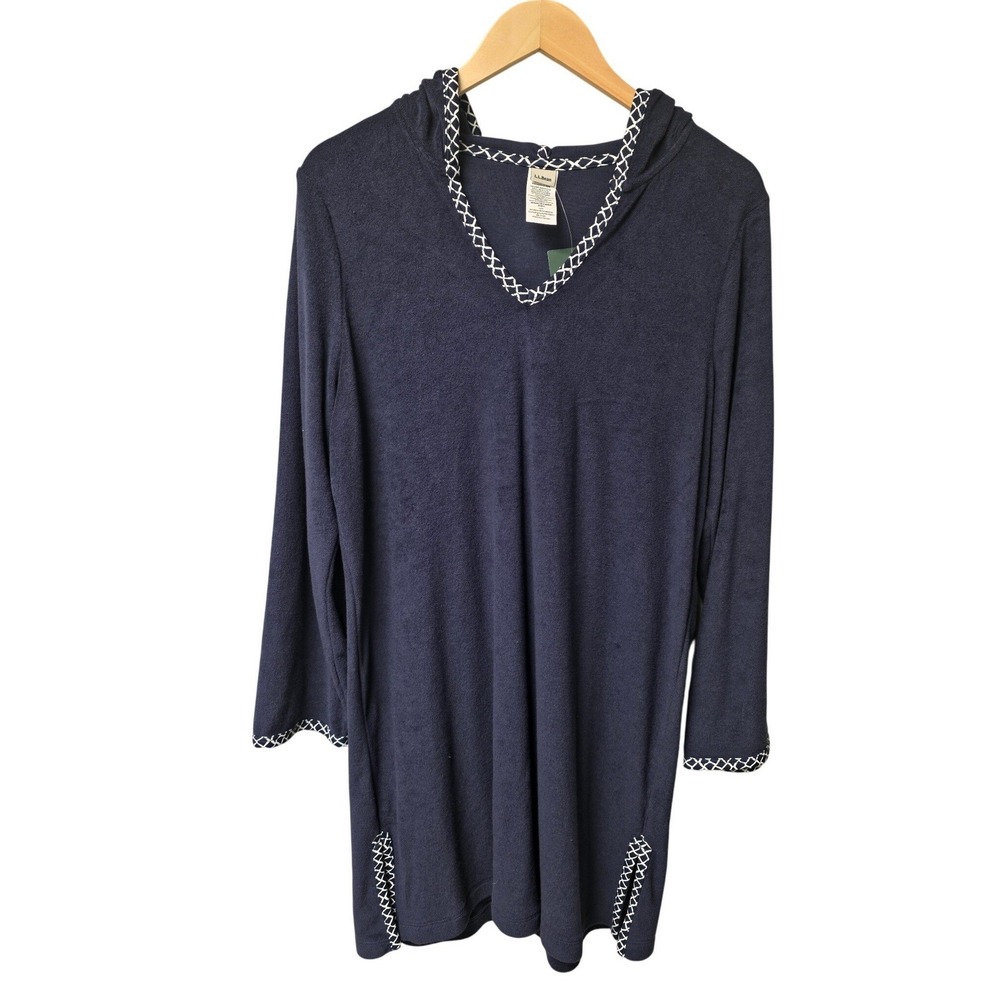 L.L. Bean Swim Coverup Womens L Navy Blue Hooded UPF Sun Protection Tunic NEW